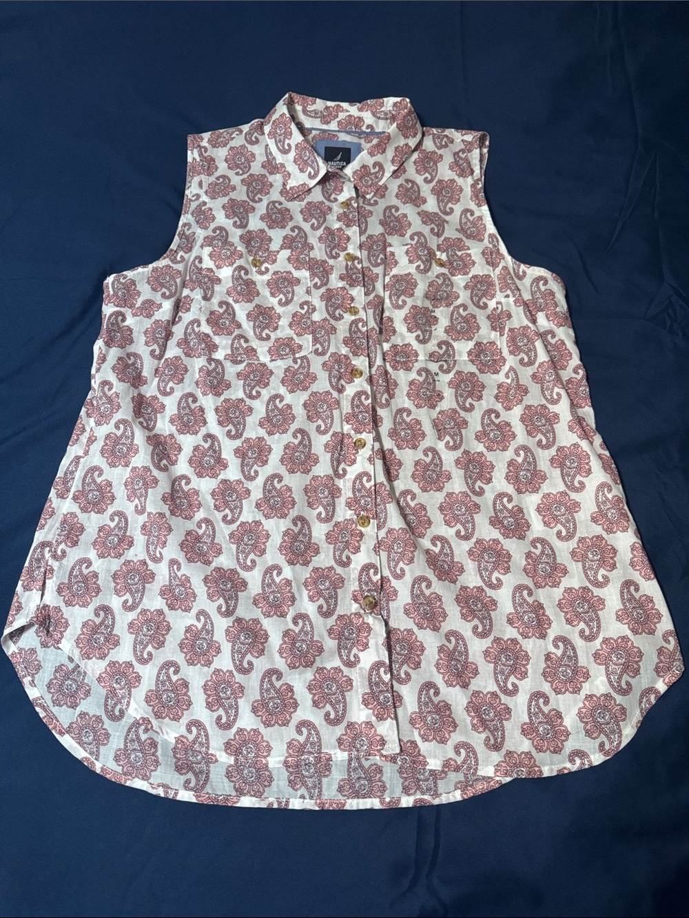 Nautica Sleeveless Button-Down Paisley Top - White & Pink